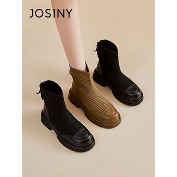 卓詩尼厚底馬丁靴彈力靴女2025秋冬新款針織短靴女款短筒女靴子