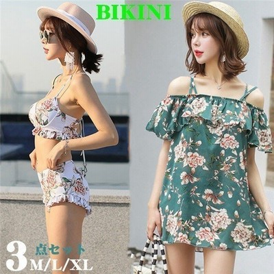 クロス 水着 レディース ビキニ オフショル ワンピース 3点 セット パッド付き 盛れる フレア フリル バッククロス 花柄 通販 Lineポイント最大get Lineショッピング