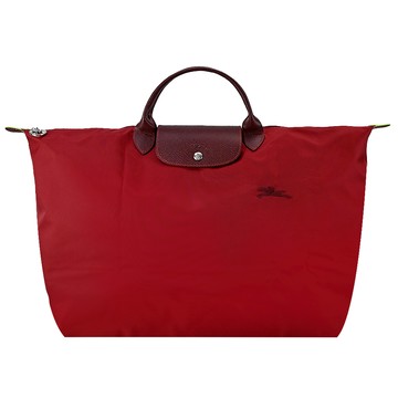 LONGCHAMP LE PLIAGE GREEN系列刺繡短把再生尼龍摺疊旅行袋(大/夕陽紅)