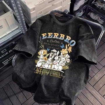 復古花叢白兔印花 短袖 寬鬆落肩 水洗短袖上衣 美式短袖 大尺碼上衣 寬鬆T恤 重磅t恤 短袖t恤 上衣 設計感上衣