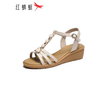 紅蜻蜓百搭坡跟真皮休閑時尚女鞋