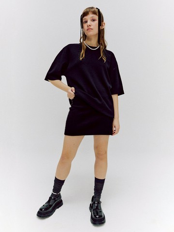 Crew Neck Half Knit Top_Black