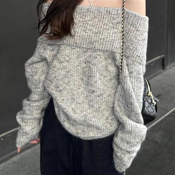 【米蘭精品】現貨+預購 法式長袖針織衫法式長袖針織衫上衣毛衣寬鬆大碼百搭女裝慵懶一字領露肩灰色74mx11