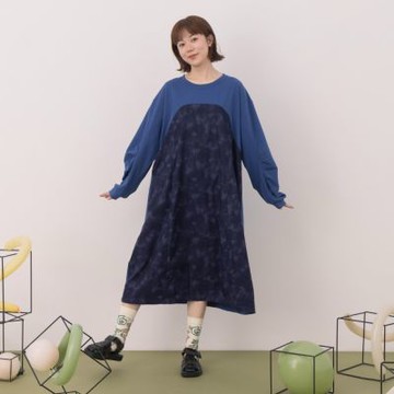 【MOSS CLUB】異材質暈染色塊拼接長版T恤洋裝 藍 黑 杏