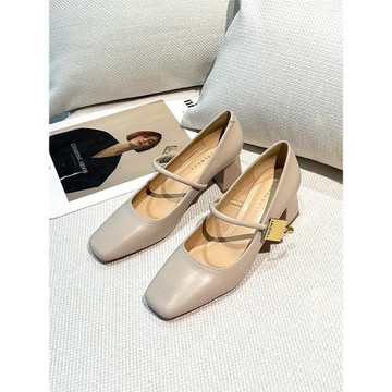 法式粗跟瑪麗珍單鞋女春2025新款時尚方頭淺口一字扣帶黑色高跟鞋