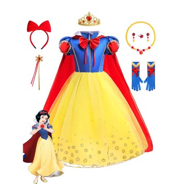 跨境外貿女童白雪公主裙帶長披肩蓬蓬裙燙金連衣裙電影同款演出服