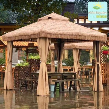 【仿真防雨防曬】茅草涼亭 庭院涼亭 戶外涼亭 花園涼亭 田園涼亭 別墅裝飾 仿真茅草頂 防腐木結構 庭院遮陽 農家樂佈景