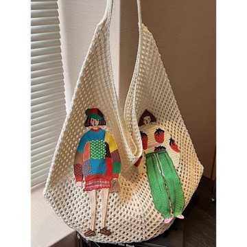 夏季棉線編織包包女小眾單肩腋下通勤托特包慵懶風度假鏤空草編包