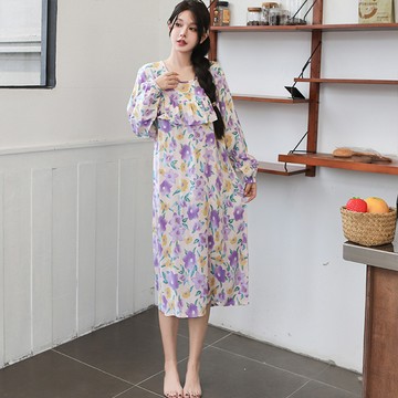 【韓國K.W.】KBM4556韓國專櫃級紫花棉稠波浪造型家居休閒服睡裙(睡裙/1件套/舒適柔軟好穿)