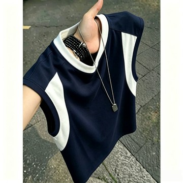 ✨ 新品🎈設計感索羅娜背心男款夏季潮美式拚接正肩無袖t恤寬鬆運動坎肩
