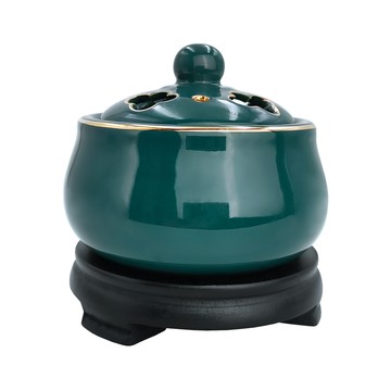 財神小舖 彩金孔雀綠 電子薰香爐 TCL-3001 手工陶瓷+木底座  9.5 x 10.5 x 7.5cm  1個