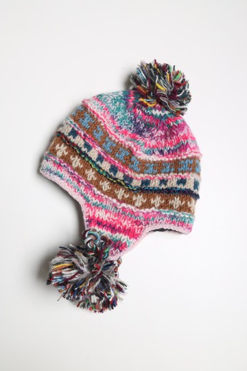 亮粉咖雜線辮子毛球帽純羊毛線手工編織全襯防風毛帽子護耳帽保暖