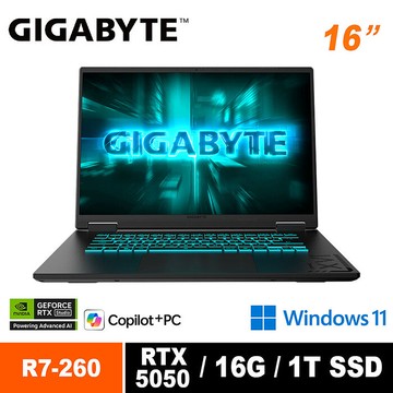 技嘉GIGABYTE GAMING A16 3THK3TW894SH 16吋電競筆電 (AMD Ryzen 7 260/RTX5050 8G/165Hz/16G/1TB/W