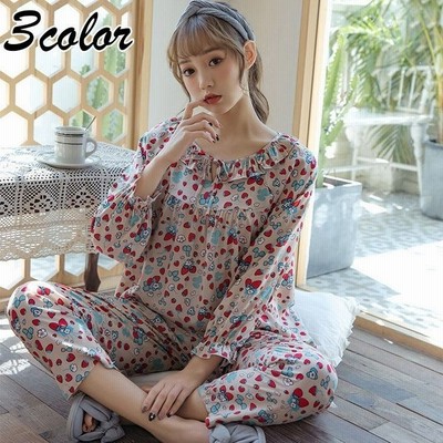 パジャマ ルームウェア レディース 春夏秋 長袖パジャマ 綿ルームウェア 総柄 いちご柄上下セット 韓国風 可愛い 部屋着 寝巻きカジュアル オシャレ ギフト 通販 Lineポイント最大get Lineショッピング