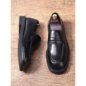 英倫潮流商務正裝皮鞋休閑男士真皮一腳蹬厚底手工鞋方頭皮鞋套腳