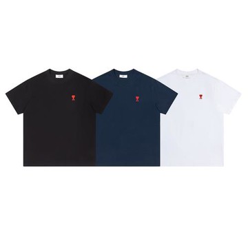 潮牌百搭AMI馬卡龍色愛心字母刺繡寬松春夏新款男女情侶短袖T恤