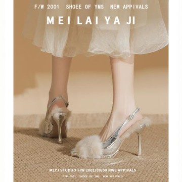 意美絲毛毛鞋女冬季外穿加絨尖頭細跟后空防水臺高跟鞋不累腳10cm