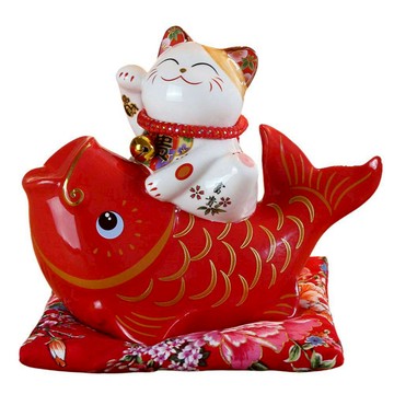 摩達客 春節開運招財 年年有魚躍龍門招財貓 含坐墊  紅色  18.5 x 10 x 16cm