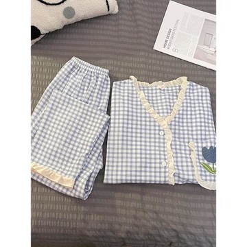 網紅風格子睡衣女春秋款長袖長褲純棉套裝日系可愛少女家居服套裝