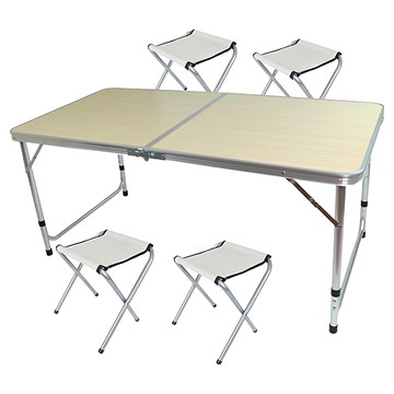 FOSO 戶外露營折疊桌椅組 含四張椅子 鋁合金框架 可調節高度 方便攜帶  120cm  白楓  120x60x55cm  1組