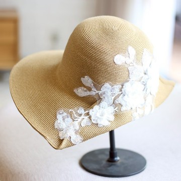 復古白色花翻邊大沿草帽夏季細草涼帽時裝遮陽帽子女夏天日系百搭1入