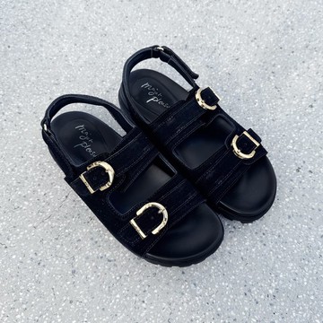 軟糖三釦環! 穩步後繫帶涼拖鞋 全真皮 黑反毛 -霧黑色