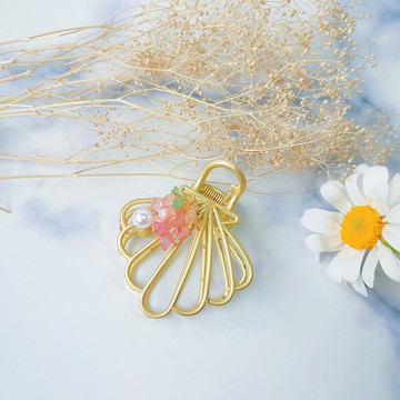 好質感雙面雙粉色繡球花金屬貝殼鯊魚夾 時尚寶石膠樹脂髮夾