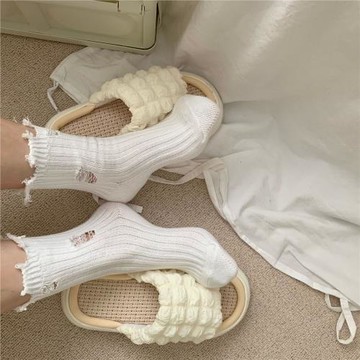 韓國2024春夏破洞乞丐風中筒襪子女純棉潮流isn松垮小腿堆堆短襪