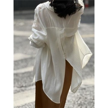 白色后開叉前短后長不規則天絲防曬襯衫女款解構襯衣2025新款上衣