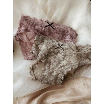 法式浪漫少女內褲性感蕾絲三角短褲低腰透明鏤空網紗棉襠純色大碼