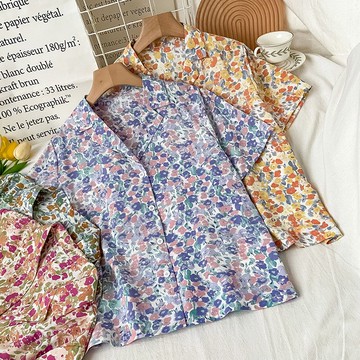 小眾設計感雪紡碎花襯衫女夏季新款韓版寬松顯瘦短袖襯衣上衣