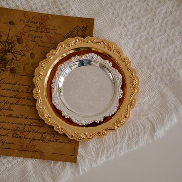 歐式復古雕花盤金色圓盤飾品收納盤蛋糕甜品托盤美食攝影拍照道具