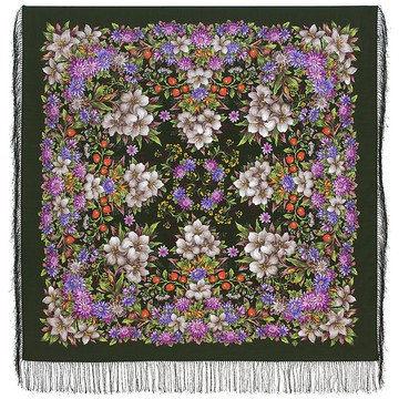 Pavlovo Posad 俄羅斯披肩 100% 羊毛圍巾 125x125 公分包裹式絲綢流蘇 1987-17