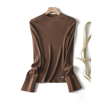 美拉德袖口小開叉100%超細羊毛坑條圓領半高領長袖針織秋冬毛衣女