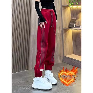 時尚復古加絨束腳衛褲女2025秋冬季新款韓版設計感寬松直筒休閑褲