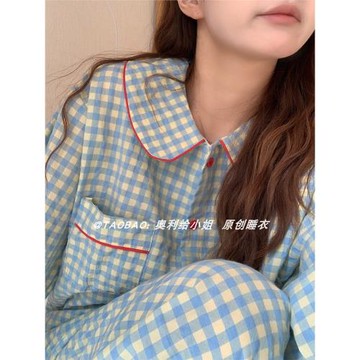 撞色格子睡衣女春秋季網紅風純棉長袖2025年新款甜美家居服兩件套