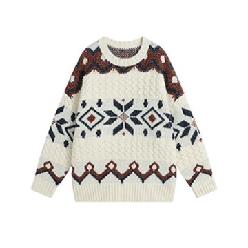 杏色費爾島復古毛衣女2025新款冬季慵懶風穿搭提花氛圍感針織上衣