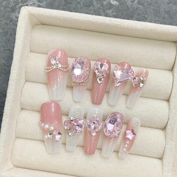 💟加一手工甲💅🏻【實拍】純手工穿戴甲高級氣質假指甲貼片愛心粉鑽漸變腮紅美甲貼純手工穿戴甲 A0VP