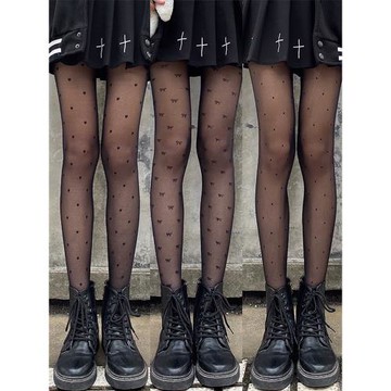 夜間教習室黑色絲襪春秋款女純欲新款波點jk薄款黑絲愛心拼接印花