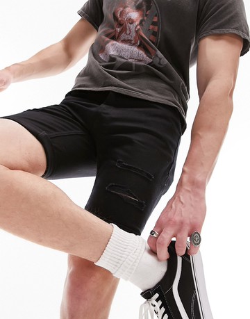 Topman ripped skinny denim short in black