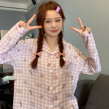 ins風睡衣女秋冬薄款學生開衫長袖甜美少女可外穿居家服套裝女生甜美可愛家居服 女生居家休閒服 女生長袖睡衣