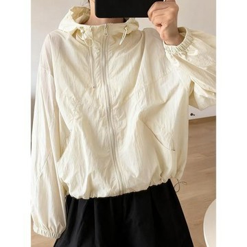 涼感速干連帽休閑防曬衣女夏季寬松百搭純色拉鏈短外套