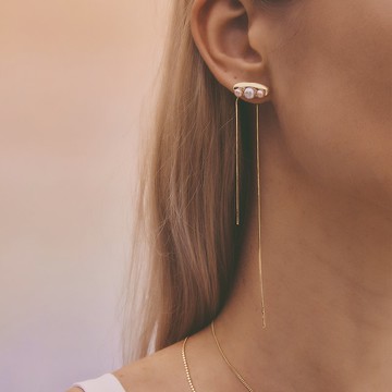 Multiverse - 時空旅行珍珠小耳環+可拆式不對稱耳後扣-厚鍍18K金