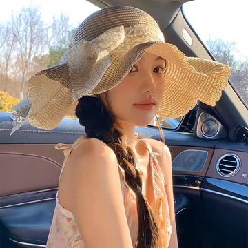 【臺灣-出貨】法式蕾絲蝴蝶結草帽女夏海邊沙灘波浪邊大帽簷太陽帽遮陽防曬帽子 QM3J