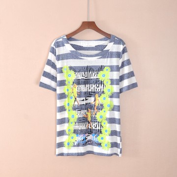 女裝短袖修身薄款條紋花朵印花青春甜美瑞麗T恤衫