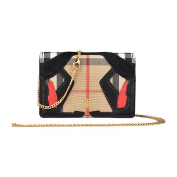 BURBERRY 巴寶莉  Vintage格紋LOGO TB字母設計帆布4卡釦式鏈帶斜背卡片零錢包(典藏米)
