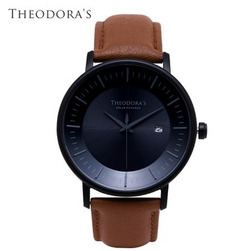 【THEODORA'S】Aurora 太陽能真皮手錶 簡約霧黑-真皮橘棕【希奧朵拉】