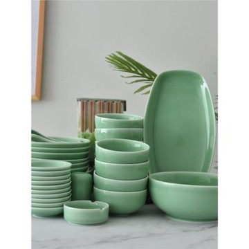 簡約純色陶瓷餐具套裝 龍泉青瓷吃飯碗菜盤魚盤整套餐具禮品 36頭