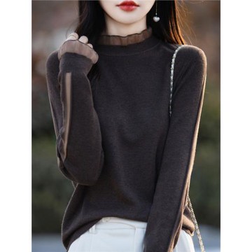 100%羊毛蕾絲打底衫女春秋2025春裝新款小衫針織上衣內搭大碼毛衣