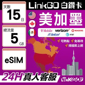 【LinkGO】白鑽卡 美加墨 eSIM卡 15天上網卡 總流量5GB 高速流量(美國 加拿大 墨西哥)